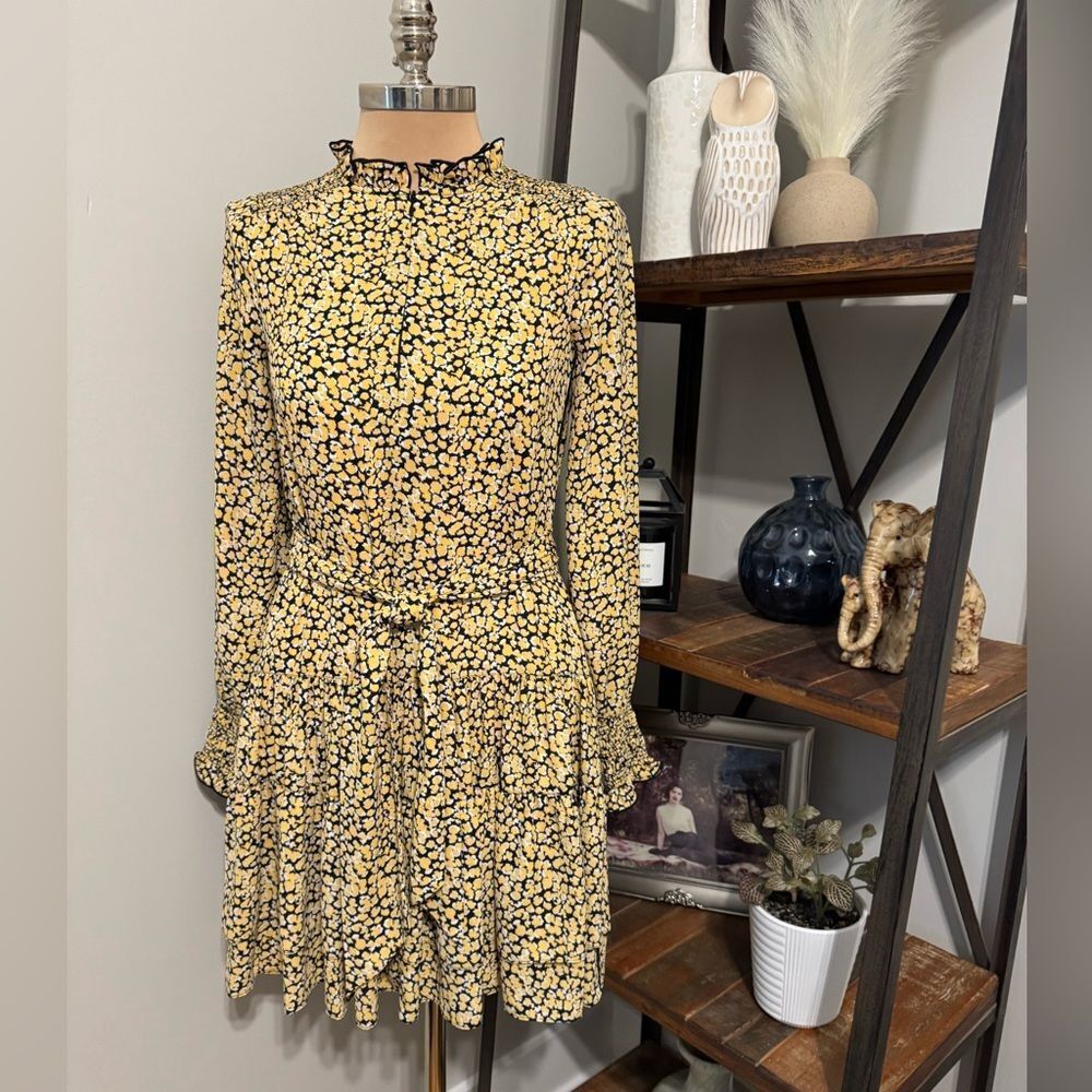 ME+EM Yellow Black Mini Belted Dress Women’s Size 2 Frilled Collar